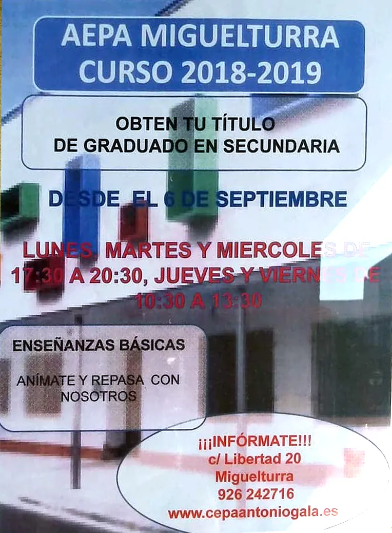 imagen del cartel inscripciones curso educación adultos Miguelturra 2018-2019
