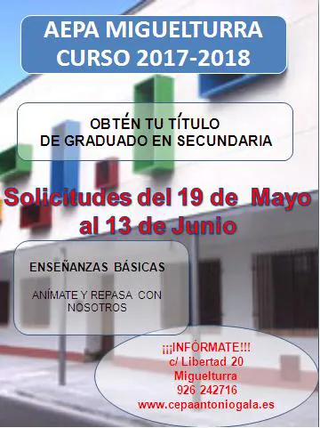 imagen cartel matriculación en la Escuela de Personas Adultas de Miguelturra curso 2017-2018