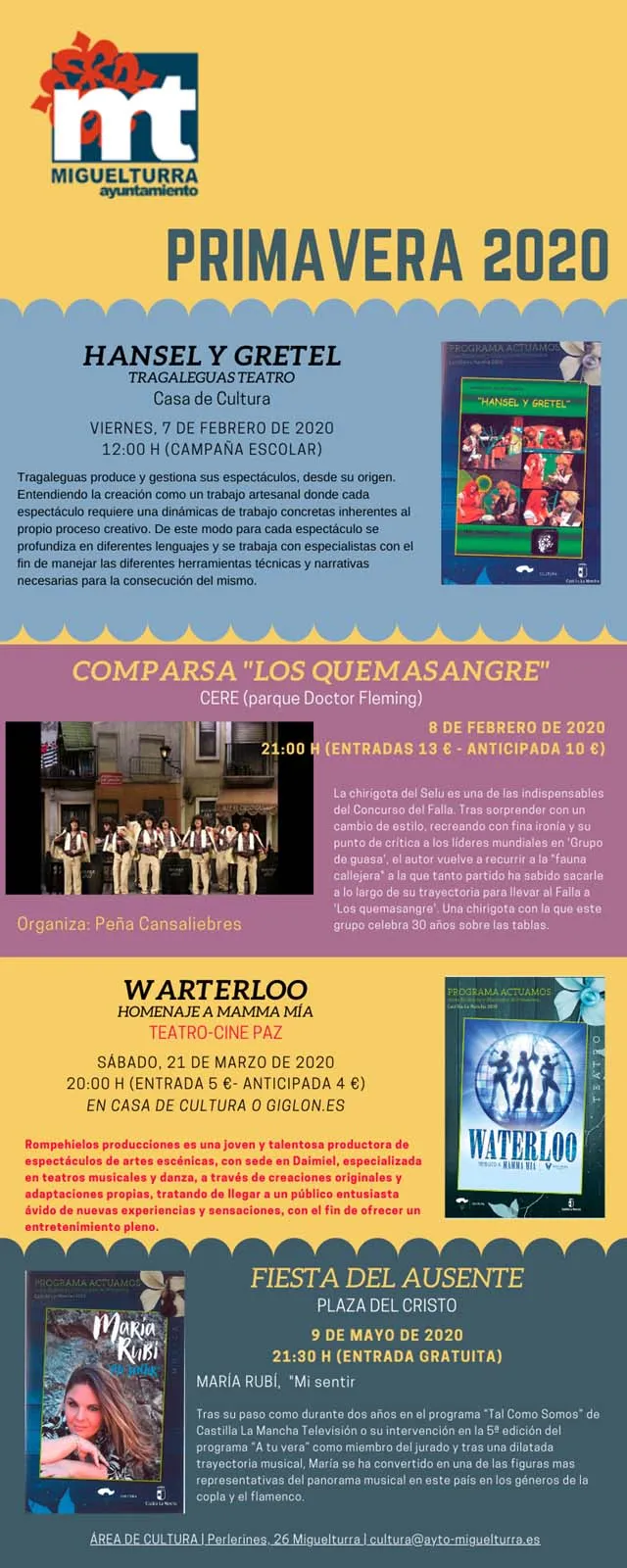 imagen del cartel anunciador de la programación de Primavera del área de Cultura Miguelturra, 2020