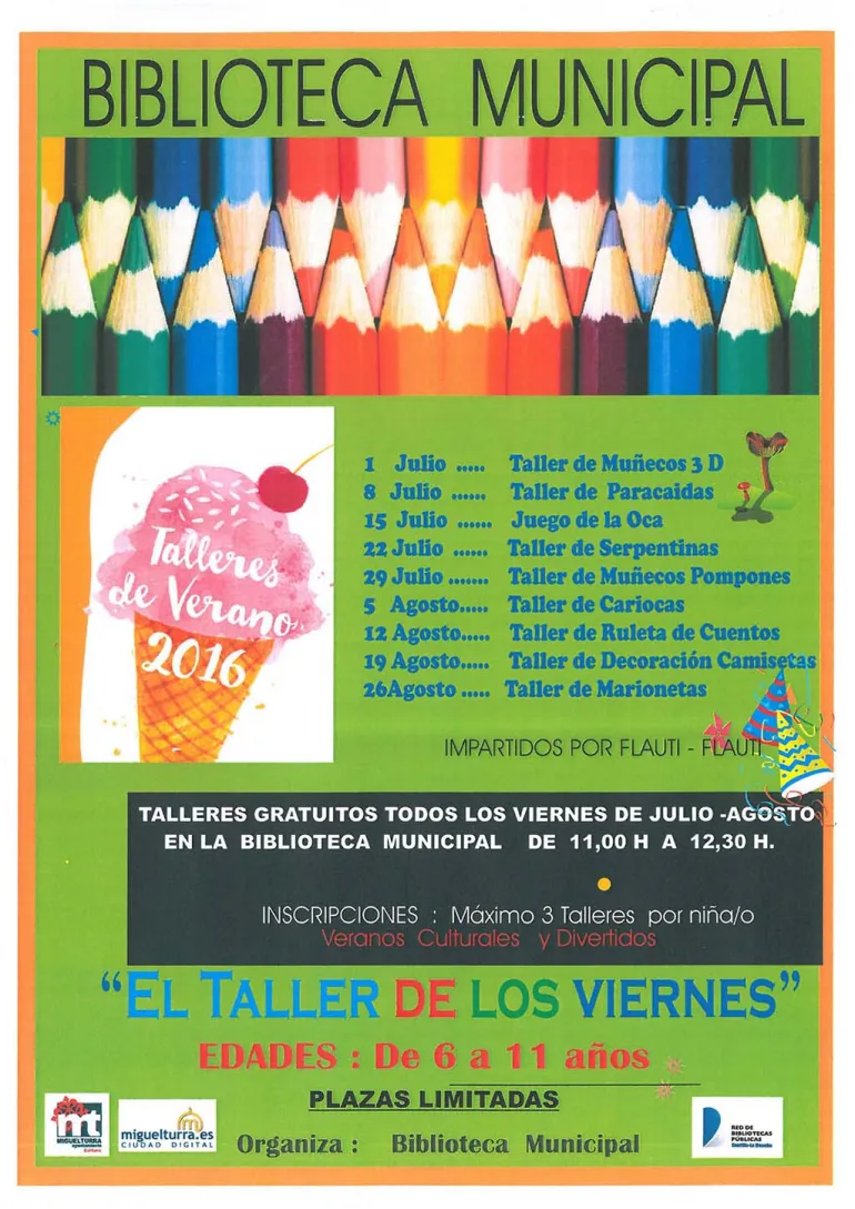 imagen cartel de los talleres de verano 2016 en la Biblioteca Municipal