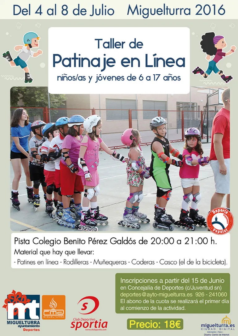 imagen del cartel del taller de patinaje en línea, julio 2016, diseño cartel Centro de Internet Miguelturra
