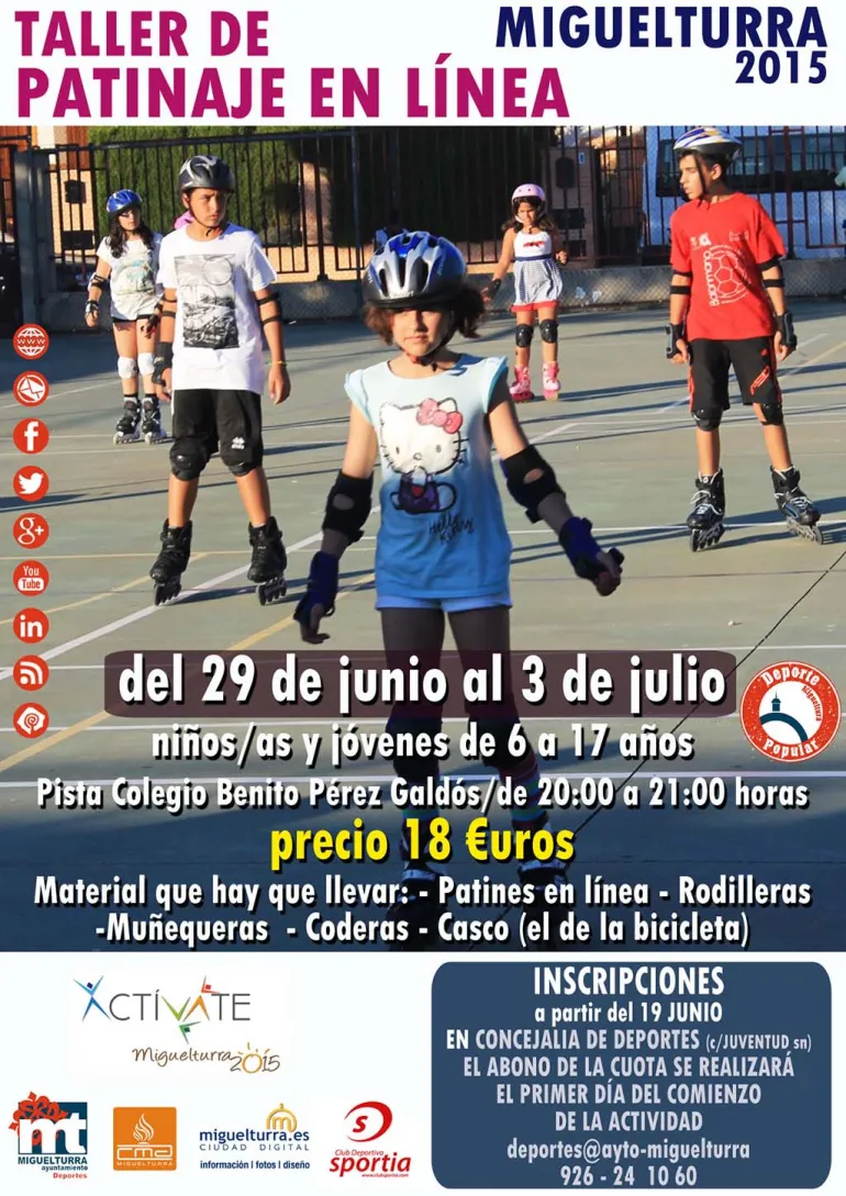 imagen cartel taller patinaje en línea, junio y julio 2015 Miguelturra