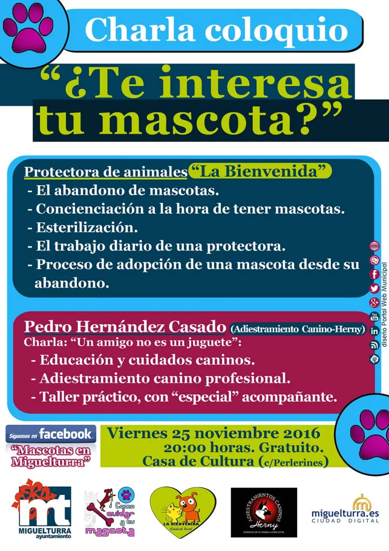 imagen cartel charla te interesa tu mascota, noviembre 2016, diseño cartel portal web municipal Miguelturra