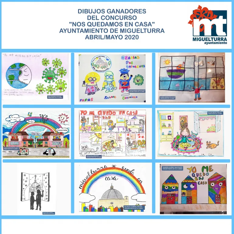 imagen fotocomposición con los 9 dibujos ganadores concurso Nos quedamos en casa, mayo  abril 2020