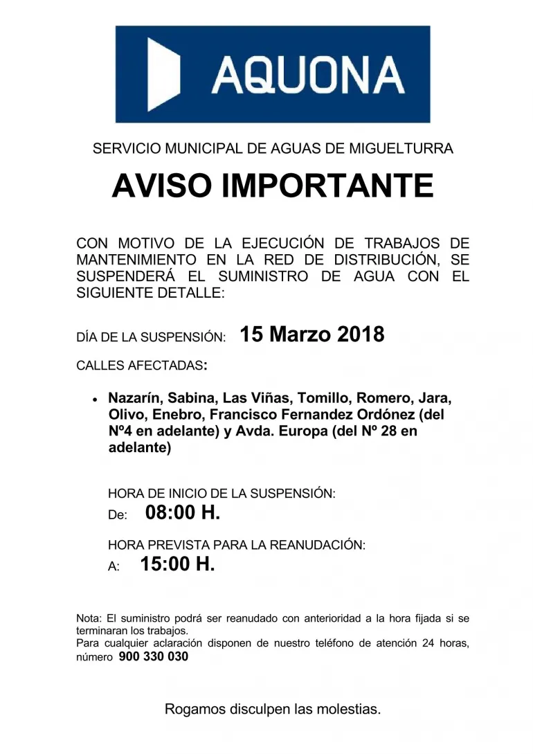 imagen del cartel informando del corte de agua del jueves 15 de marzo de 2018