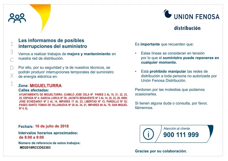 imagen del cartel de Unión Fenosa Distribución, julio 2018