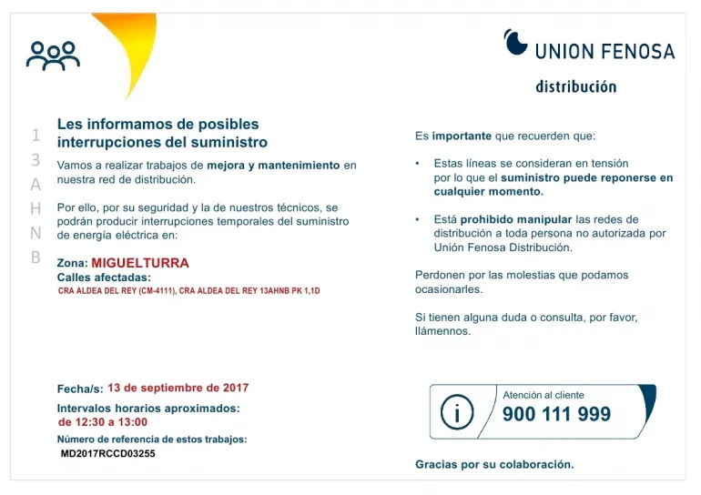 imagen del cartel de aviso de corte de luz del miércoles 13 de septiembre de 2017