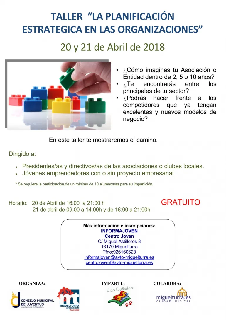 imagen del cartel anunciador del taller Planificación Estrategias en organizaciones, abril 2018