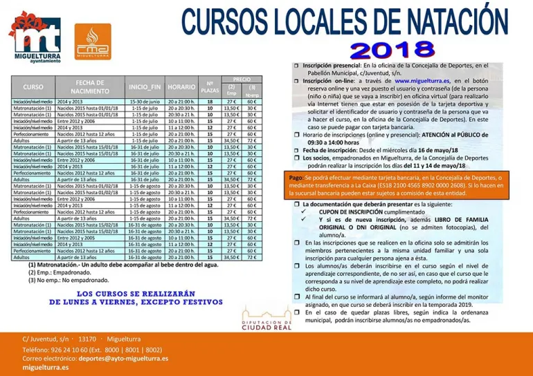 imagen del díptico del área de Deportes informando sobre los cursos de natación de verano 2018