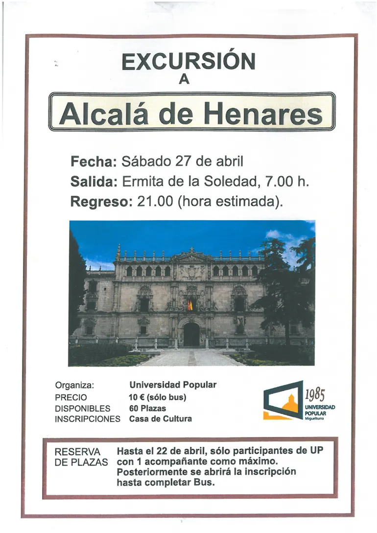 imagen del cartel de la excursión a Alcalá de Henares, abril 2019