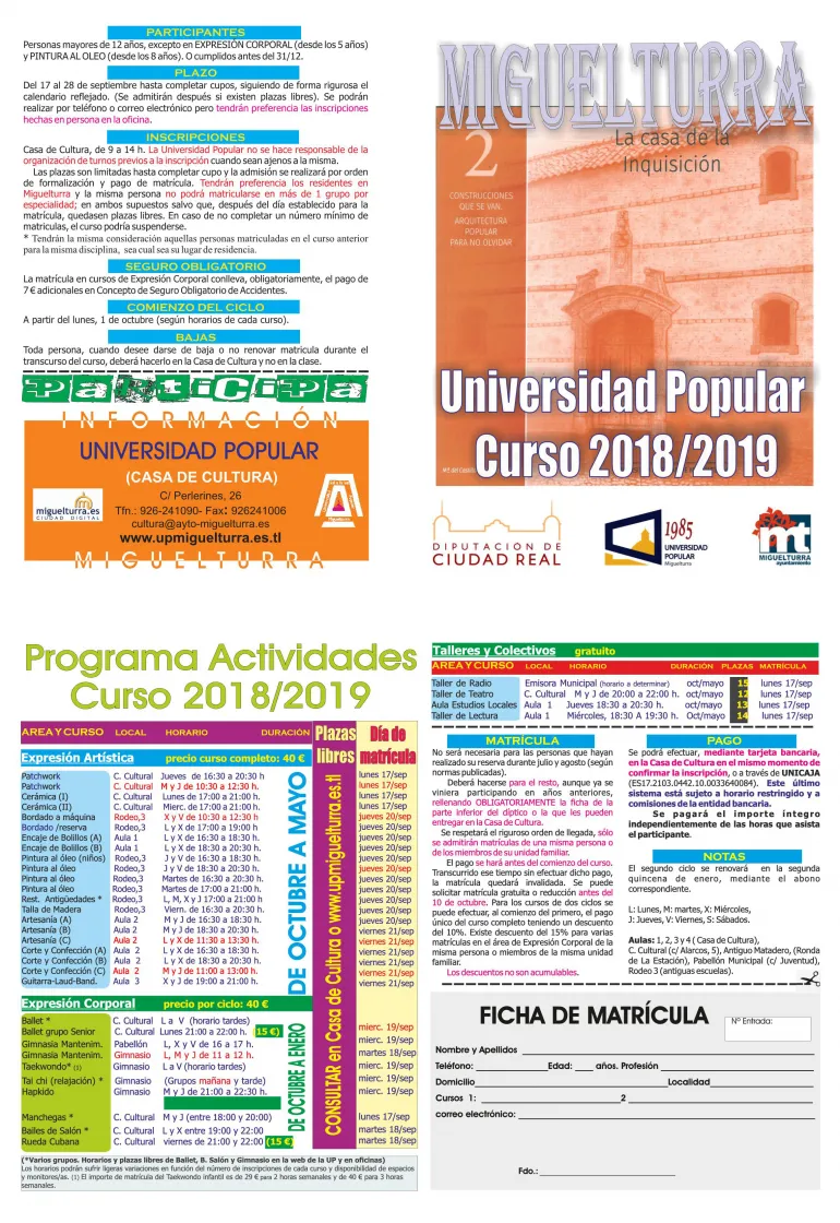 imagen del folleto del curso 2018-2019 de la Universidad Popular de Miguelturra