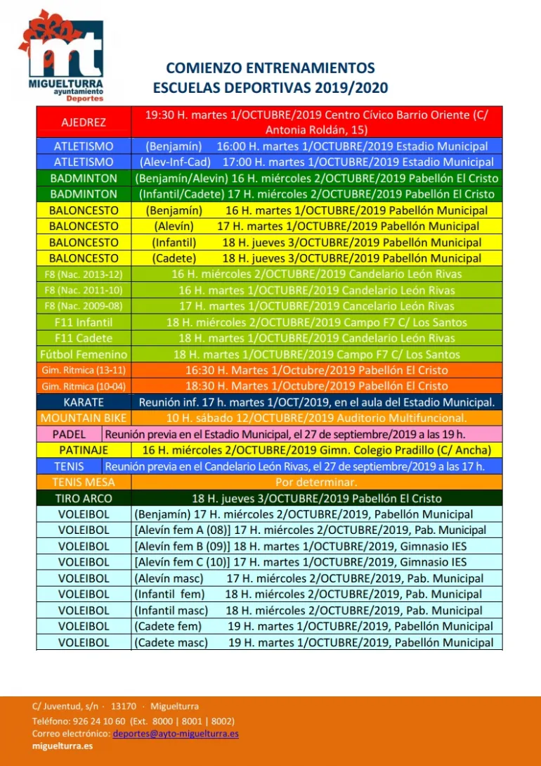 imagen horarios Escuelas Deportivas Miguelturra, 19 de septiembre de 2019