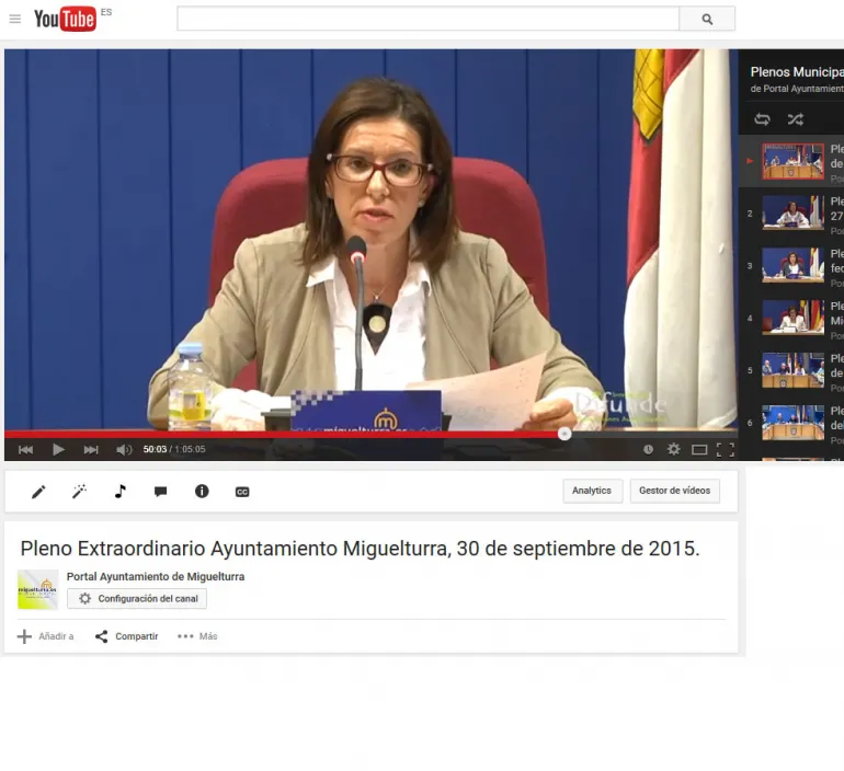 imagen captura pantalla zona Plenos Ayuntamiento en Youtube, octubre 20125