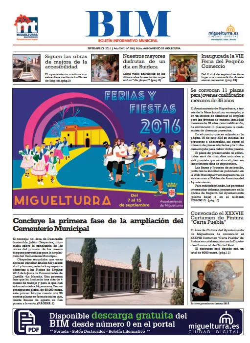 imagen de la portada del Boletín Informativo Municipal de septiembre de 2016 Miguelturra