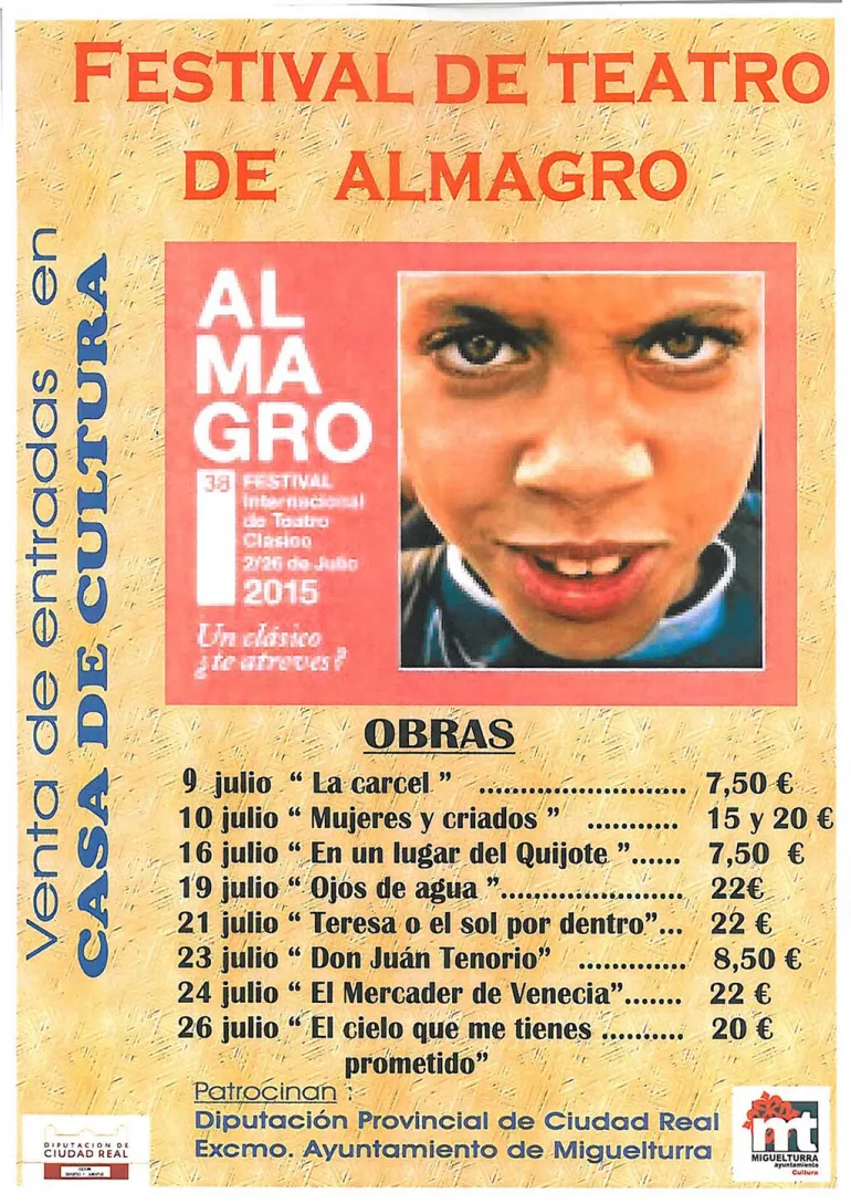 imagen del cartel que anuncia la venta de entradas en Miguelturra para el Festival de Teatro de Almagro 2015