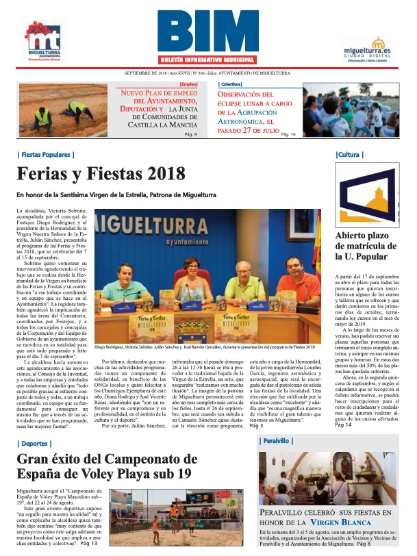 imagen de la portada del Boletín Informativo Municipal del mes de septiembre de 2018