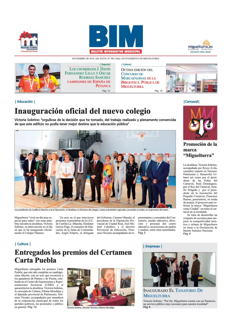 imagen de la primera página del Boletín Informativo Municipal de Miguelturra de noviembre de 2018