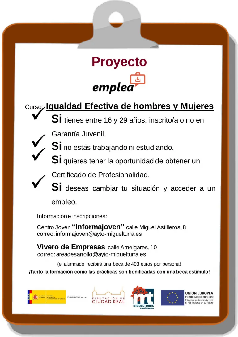 imagen cartel Proyecto Emplea, curso igualdad en Miguelturra