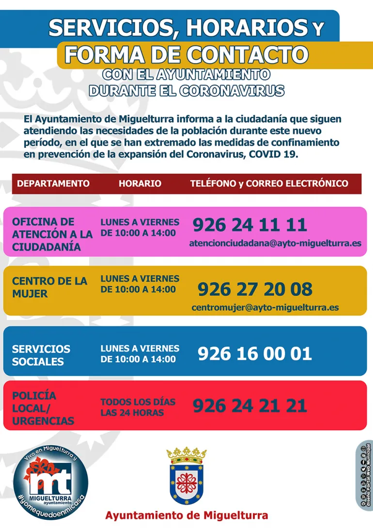 imagen cartel sobre información, horarios y forma de contacto con servicios municipales, abril 2020, diseño portal web municipal