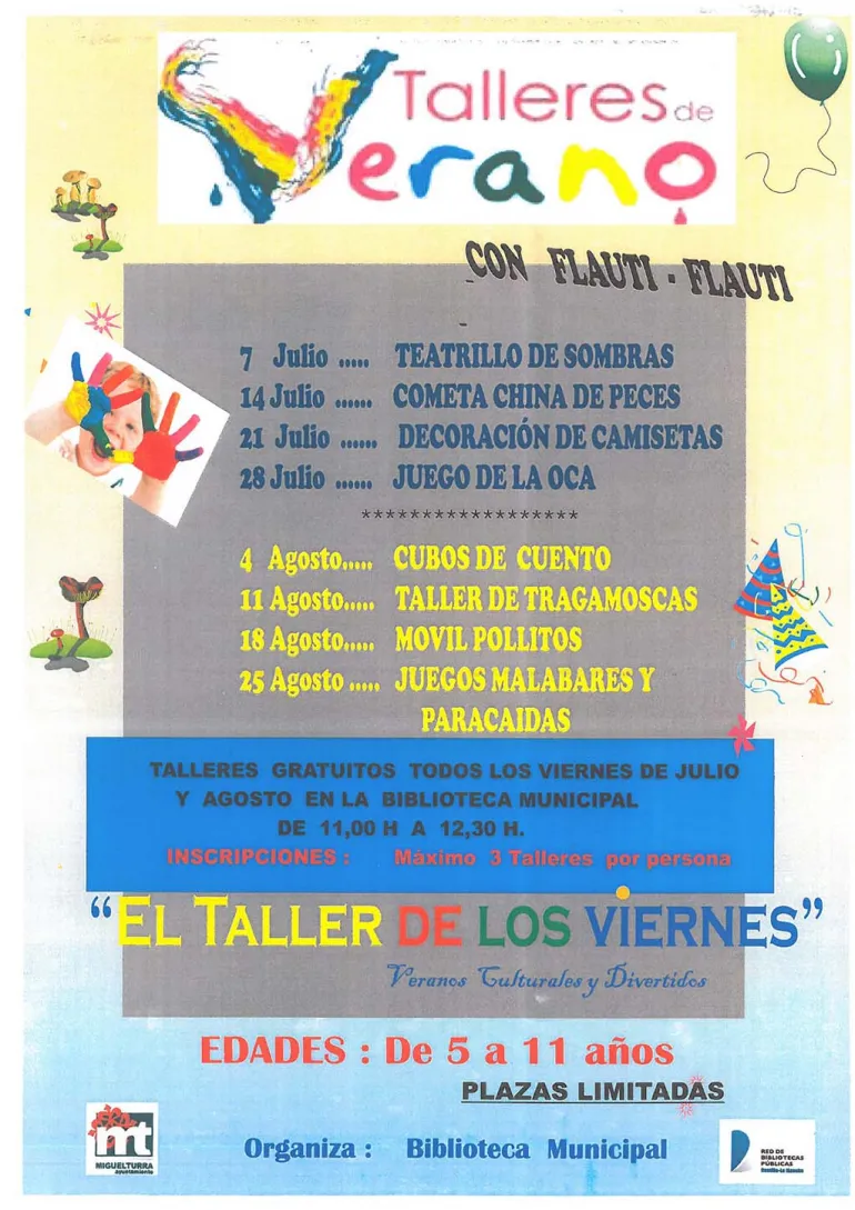 imagen del cartel de los talleres de los viernes, verano 2017 Biblioteca Municipal de Miguelturra