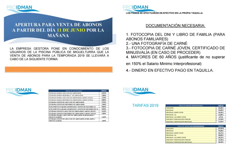 imagen fotocomposición del documento con los precios y tarifas de la Piscina de Verano 2019 de Miguelturra