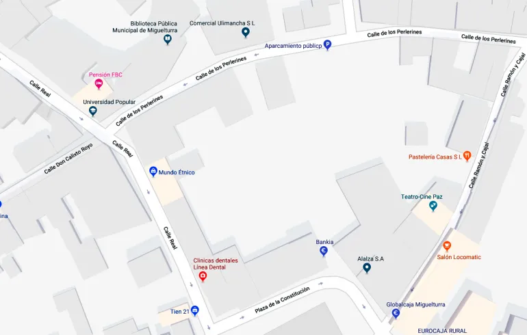 imagen de Google Maps de las calles Perlerines, Real y parking público de Miguelturra