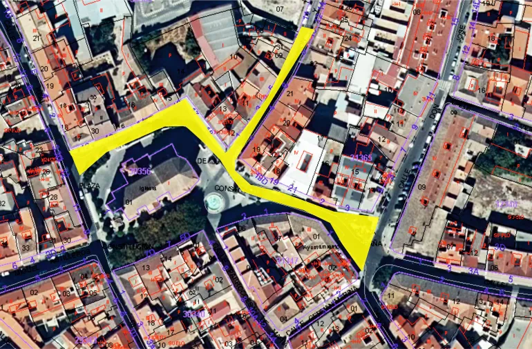 imagen del plano de la zona centro de Miguelturra remarcadas con amarillo las zonas peatonales, mayo 2020