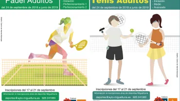 imagen de sendos carteles sobre las Escuelas de personas adultas de pádel y tenis 2018-2019, diseño Centro de Internet