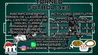 imagen cartel torneo fútbol 3 por 3, julio 2021 Miguelturra