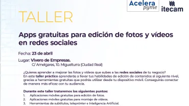 Cartel Taller Apps gratuitas para edición de fotos y vídeos en redes sociales, Miguelturra, abril de 2024