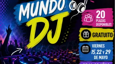 Cartel taller gratuito de DJ y sonido profesional, Miguelturra mayo de 2026