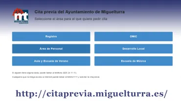 imagen captura de pantalla de la zona Cita Previa del Ayuntamiento de Miguelturra a través de internet