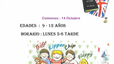 imagen cartel anunciador del club infantil de lectura en inglés, 2019