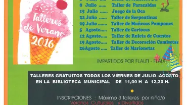 imagen cartel de los talleres de verano 2016 en la Biblioteca Municipal