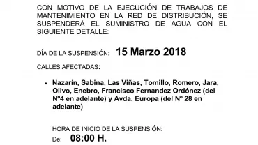 imagen del cartel informando del corte de agua del jueves 15 de marzo de 2018