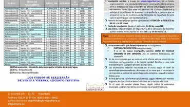 imagen del díptico del área de Deportes informando sobre los cursos de natación de verano 2018