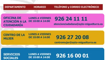 imagen cartel sobre información, horarios y forma de contacto con servicios municipales, abril 2020, diseño portal web municipal