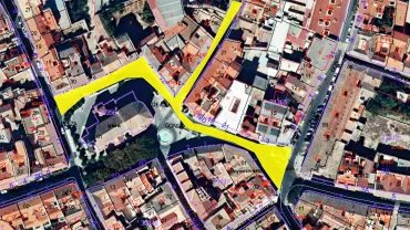 imagen del plano de la zona centro de Miguelturra remarcadas con amarillo las zonas peatonales, mayo 2020