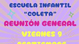Cartel reunión general familias, Escuela infantil Coleta, Miguelturra septiembre 2026