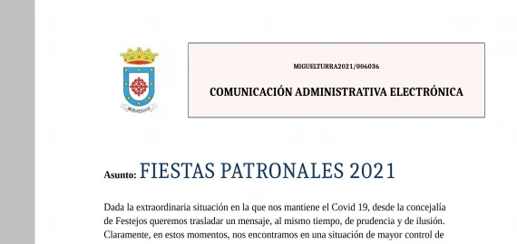 imagen del escrito remitido por el área de Festejos, abril de 2021