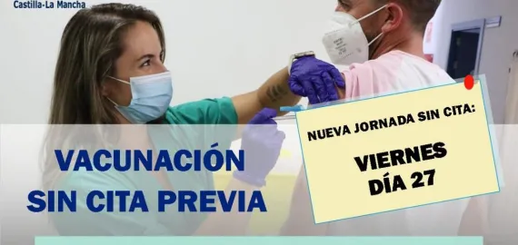 imagen del cartel vacunacion sin cita previa 27 agosto, Miguelturra 2021.