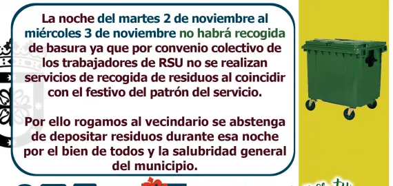 imagen anuncio sobre la no recogida de basura el 3 de noviembre de 2021