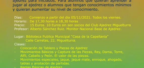 imagen cartel del curso de ajedrez, octubre de 2021