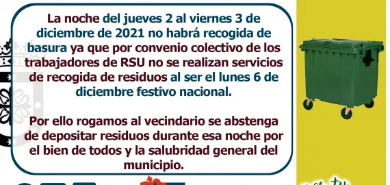 La noche del jueves 2 al viernes 3 de diciembre no habrá recogida de basura 