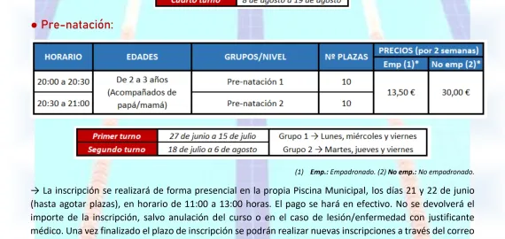 cursos natación Piscina Verano 2022