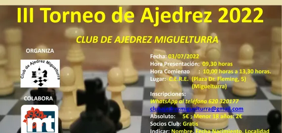 imagen cartel Torneo Ajedrez Miguelturra, julio 2022