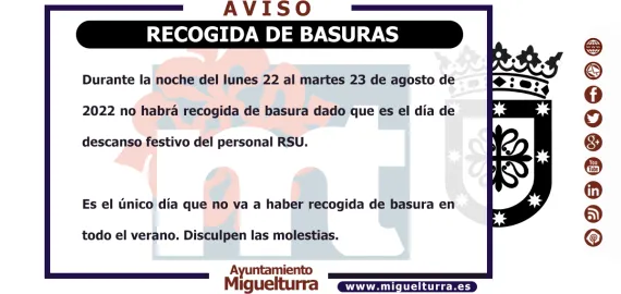 aviso sobre recogida de basura, 17 agosto 2022