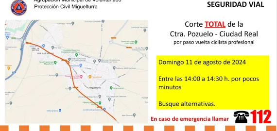 Mapa corte carretera Pozuelo Ciudad Real el 11 de agosto de 2024