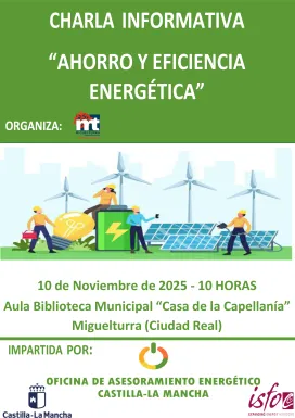 Cartel Charla Eficiencia Energética, Miguelturra noviembre 2025