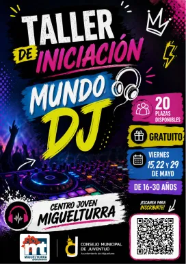 Cartel taller gratuito de DJ y sonido profesional, Miguelturra mayo de 2026